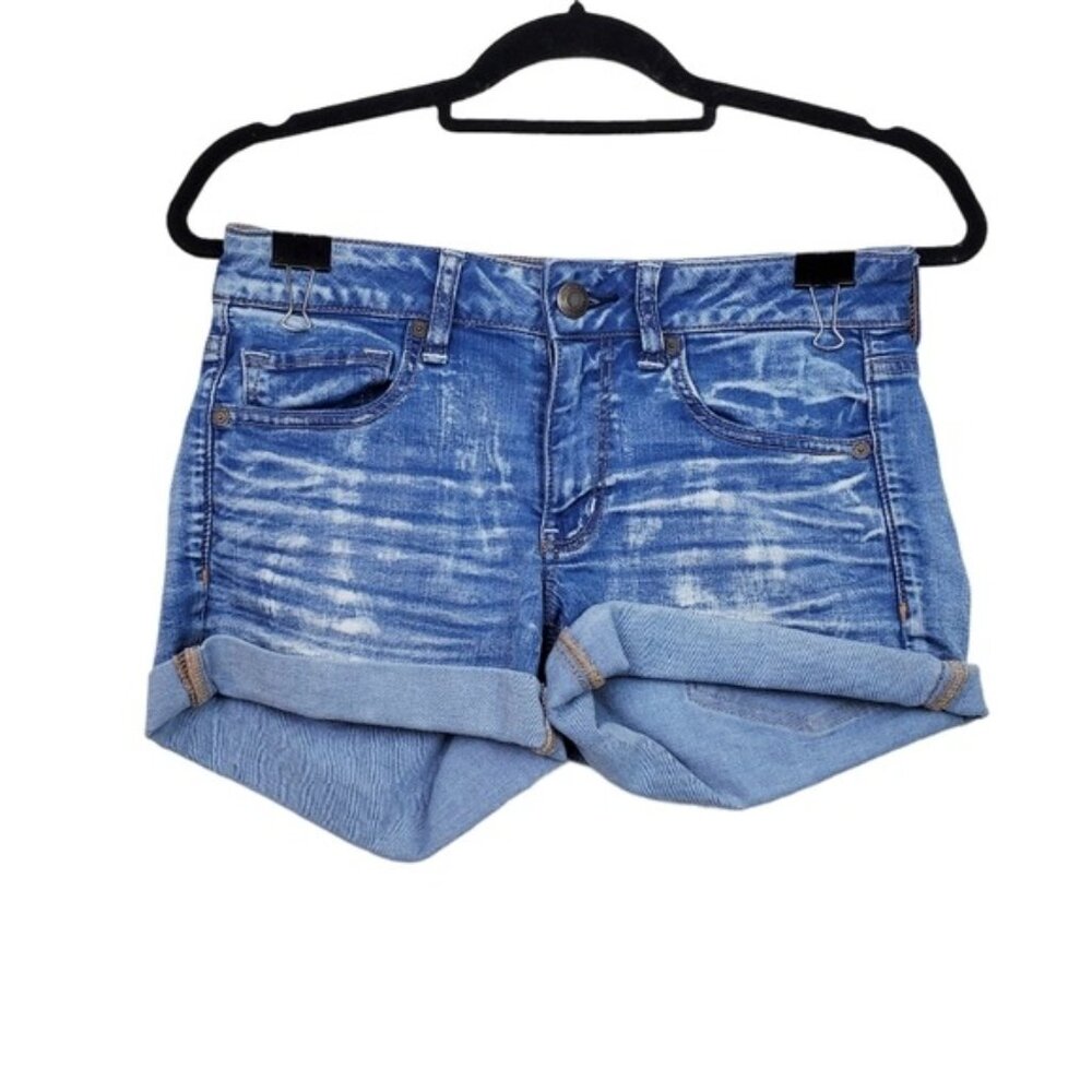 American Eagle Womens Blue Distressed Midi Denim Jean Shorts Size 6